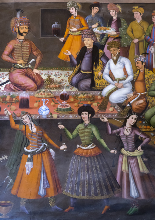 Colorful mural painting in hasht behesht palace, Isfahan province, Isfahan, Iran