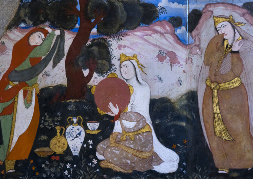 Colorful mural painting in hasht behesht palace, Isfahan province, Isfahan, Iran