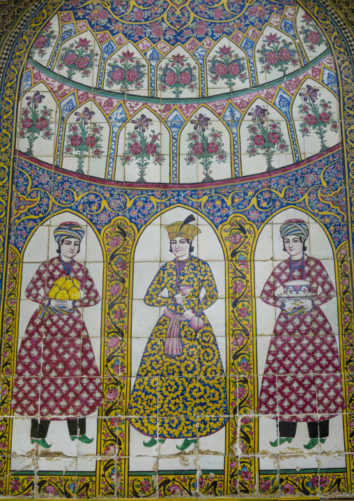 Colourful hand-painted tiles at the narenjestan house and gardens, Fars province, Shiraz, Iran