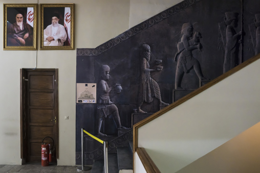 Billboards of khameini and khomeini in the national museum, Shemiranat county, Tehran, Iran