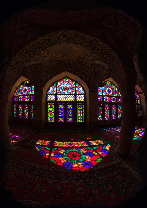 The prayer hall of Nasir ol Molk mosque with its beautiful coloured glass windows, Fars Province, Shiraz, Iran