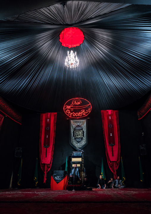 An Hosseinieh decorated for Muharram where shiite men come to worship Imam Hussein, Isfahan Province, Kashan, Iran