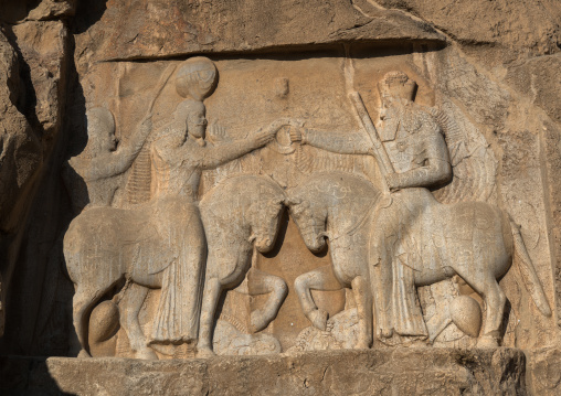 The investiture relief of Ardasir i depicting Ahuramazda handing over a ring to Ardasir  at Naqsh-e Rustam necropolis, Fars Province, Shiraz, Iran