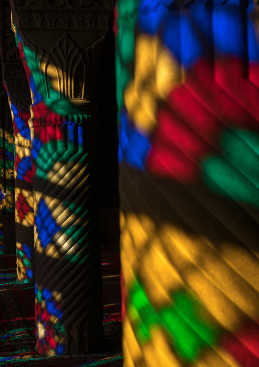 The pillars of Nasir ol Molk mosque with its beautiful colors, Fars Province, Shiraz, Iran