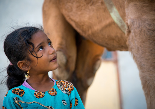 young girl in blue dress looking at a camel, Qeshm Island, Salakh, Iran