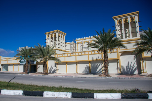 shopping center with traditional wind towers, Hormozgan, Bandar-e Kong, Iran