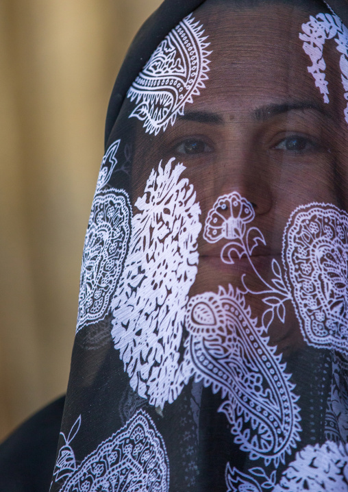 Iranian Shiite Muslim Woman Mourning Imam Hussein On The Day Of Tasua With Her Face Covered By A Veil, Lorestan Province, Khorramabad, Iran