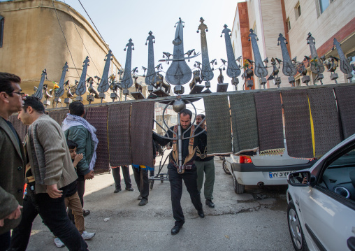 Iranian Shiite Muslim Man Carry An Alam On Tasua Celebration, Lorestan Province, Khorramabad, Iran