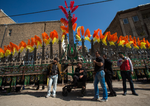 Iranian Shiite Muslims Men In Front Of An An Alam On Tasua Celebration, Lorestan Province, Khorramabad, Iran