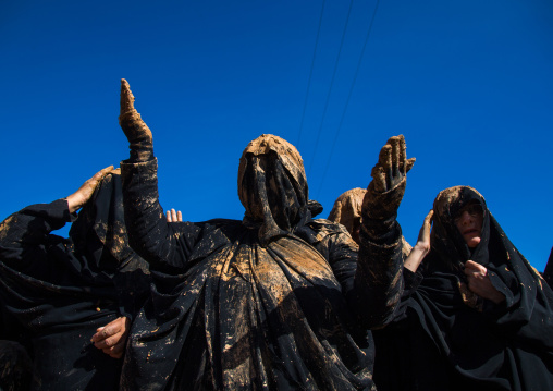 Iranian Shiite Muslim Women Covered In Mud, Chanting And Self-flagellating During Ashura, The Day Of The Death Of Imam Hussein, Kurdistan Province, Bijar, Iran