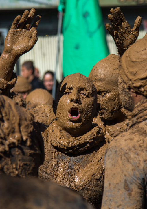 Iranian Shiite Muslim Man Covered In Mud, Chanting And Self-flagellating During Ashura Day, Kurdistan Province, Bijar, Iran