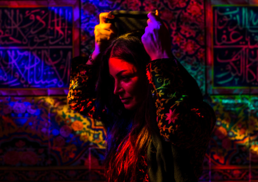 Iranian Woman In The Nasir Ol Molk Mosque With Its Beautiful Coloured Glass Windows, Fars Province, Shiraz, Iran