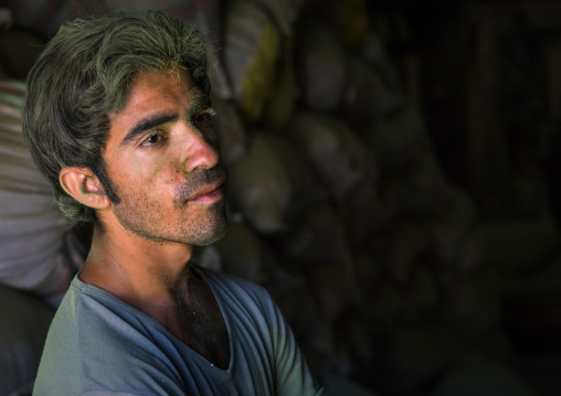 Worker With Green Dust On His Face In Traditional Henna Mill, Yazd Province, Yazd, Iran