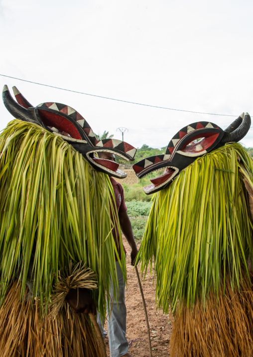 Goli sacred masks couple in Baule tribe during a ceremony, Région des Lacs, Bomizanbo, Ivory Coast