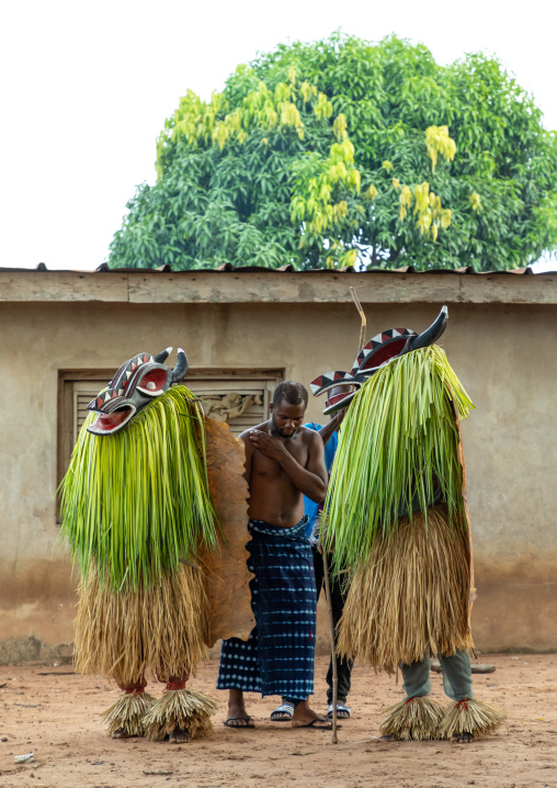 Goli sacred masks couple in Baule tribe during a ceremony, Région des Lacs, Bomizanbo, Ivory Coast