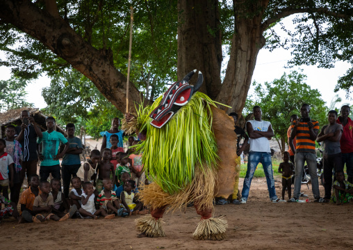 Goli sacred mask dance in Baule tribe during a ceremony, Région des Lacs, Bomizanbo, Ivory Coast