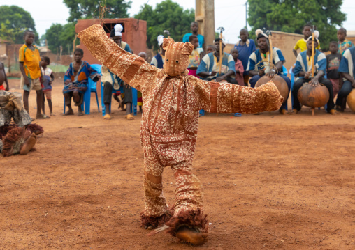 Boloye dance of the panther man performed by a child in the Senufo community, Savanes district, Waraniene, Ivory Coast