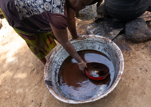 Senufo woman prepairing shea butter in a traditional karité factory, Savanes district, Tcheregnimin, Ivory Coast