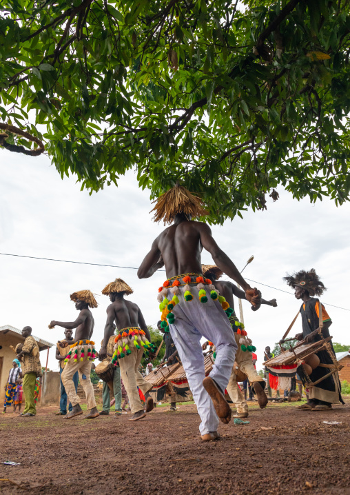 Senufo shirtless man dancing the Ngoro during a ceremony, Savanes district, Ndara, Ivory Coast