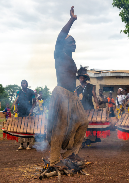 Shirtless man walking in the fire during the Ngoro dance, Savanes district, Ndara, Ivory Coast