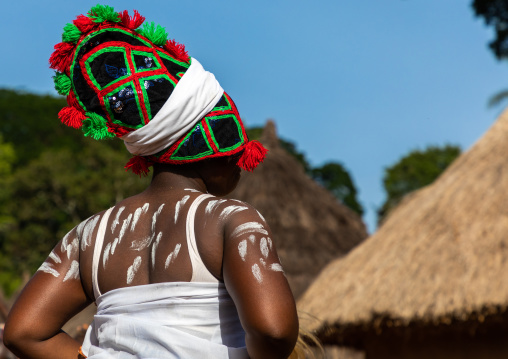 Dan tribe woman with a headdress dancing during a ceremony, Bafing, Gboni, Ivory Coast