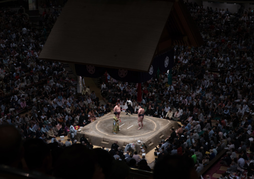 Overview image of the interior of the ryogoku kokugikan sumo arena during the sumo tournament, Kanto region, Tokyo, Japan