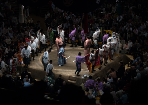 Sponsorship banners during a sumo wrestling in the ryogoku kokugikan sumo arena, Kanto region, Tokyo, Japan