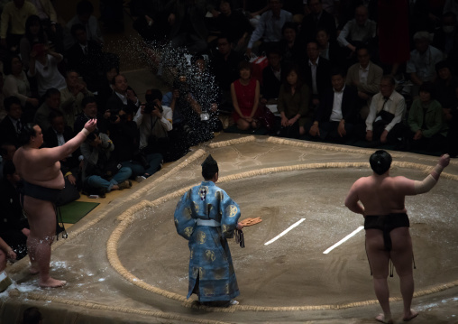Sumo wrestlers before the fight in the ryogoku kokugikan sumo arena, Kanto region, Tokyo, Japan