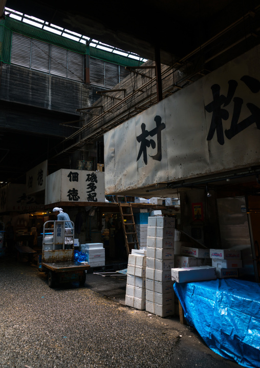 A man driving a motorized cargo cart called a taretto, Kanto region, Tokyo, Japan