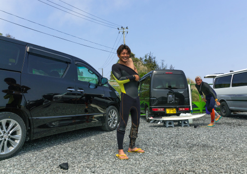 Japanese surfers in the contaminated area after the daiichi nuclear power plant irradiation, Fukushima prefecture, Tairatoyoma beach, Japan