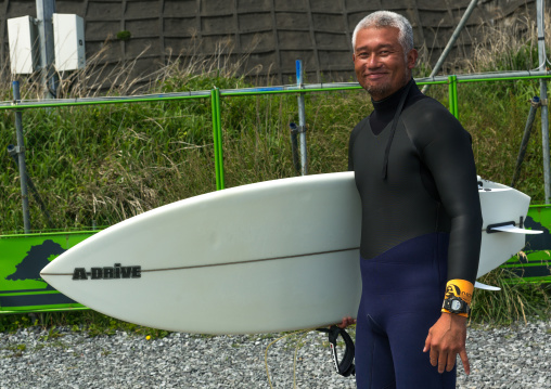 Japanese surfer in the contaminated area after the daiichi nuclear power plant irradiation, Fukushima prefecture, Tairatoyoma beach, Japan