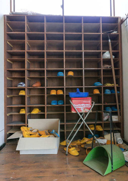 Shoes in an abandoned school in the difficult-to-return zone after the daiichi nuclear power plant irradiation, Fukushima prefecture, Tomioka, Japan