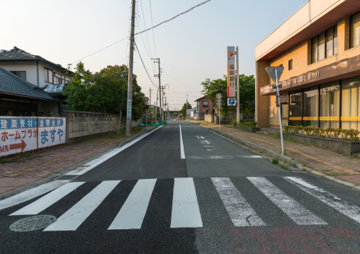 Deserted street in the difficult-to-return zone after the daiichi nuclear power plant irradiation, Fukushima prefecture, Tomioka, Japan