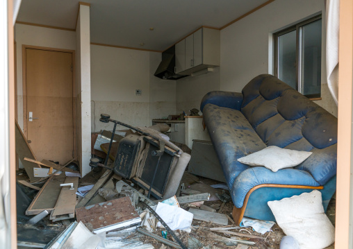 Inside a house destroyed by the 2011 earthquake and tsunami five years after, Fukushima prefecture, Tomioka, Japan