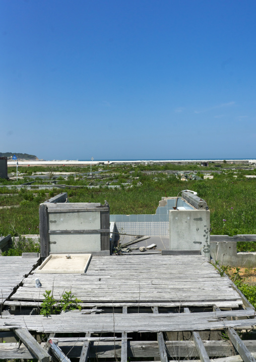 Foundations of the houses destroyed by the earthquake and the tsunami of 2011 five years after, Fukushima prefecture, Namie, Japan
