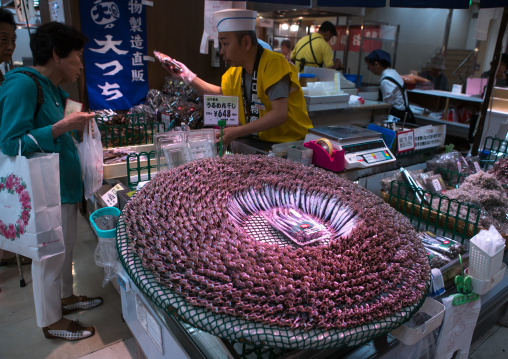 Fish seller in a supermarket, Kansai region, Kyoto, Japan