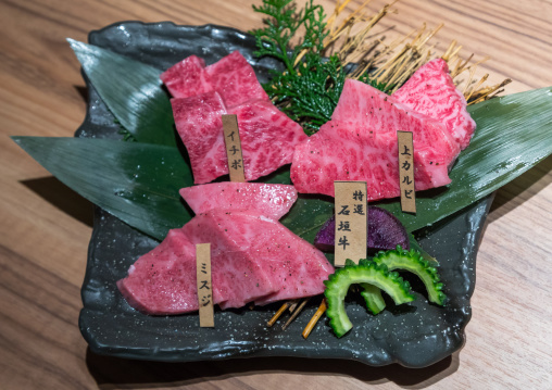 Slices of raw Ishigaki beef meat, Yaeyama Islands, Ishigaki, Japan