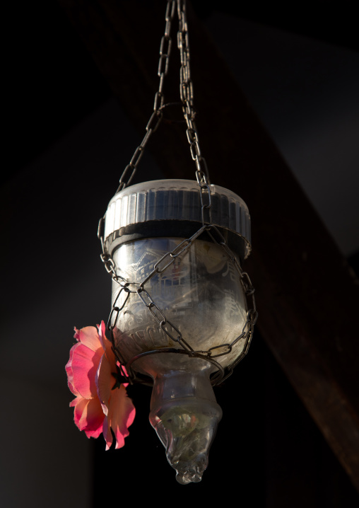 Old glass oil lamp hanging in Bikan historical quarter, Okayama Prefecture, Kurashiki, Japan