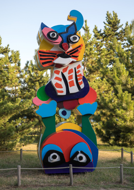 Karel appel frog and cat sculpture in Benesse hotel garden, Seto Inland Sea, Naoshima, Japan