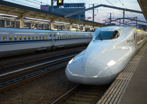 Shinkansen train in a station, Hypgo Prefecture, Himeji, Japan