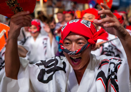 Japanese dancers during the Koenji Awaodori dance summer street festival, Kanto region, Tokyo, Japan