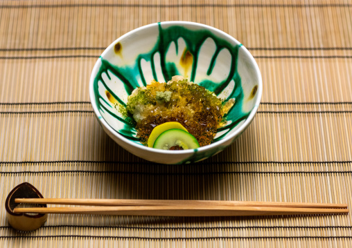 Japanese bowl and chopsticks on a bamboo set, Ishikawa Prefecture, Kanazawa, Japan