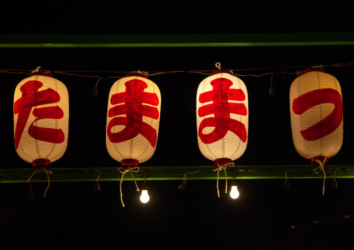 Painted lanterns during Gokoku shrine Mitama matsuri Obon festival celebrating the return of the spirits of the deads, Kyushu region, Fukuoka, Japan
