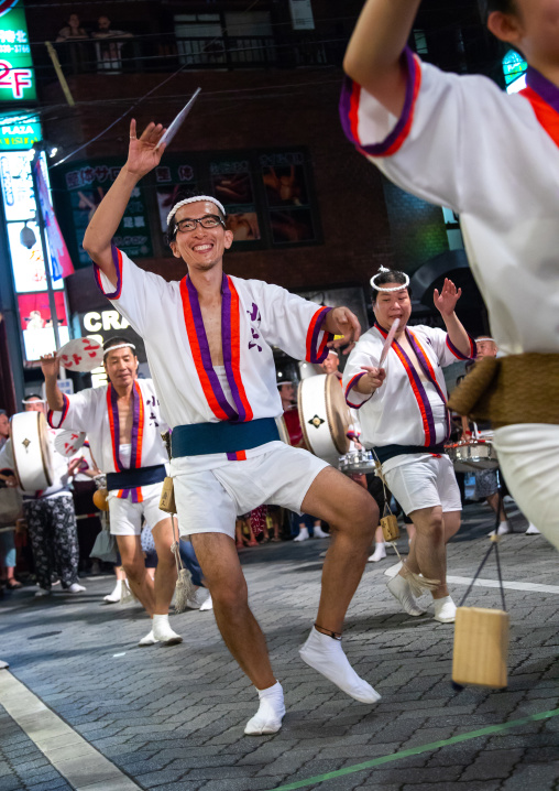 Japanese dancers during the Koenji Awaodori dance summer street festival, Kanto region, Tokyo, Japan
