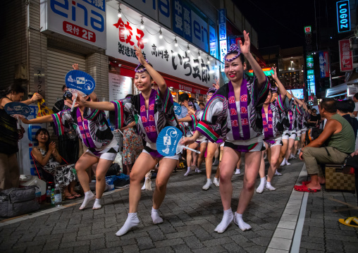 Japanese dancers during the Koenji Awaodori dance summer street festival, Kanto region, Tokyo, Japan