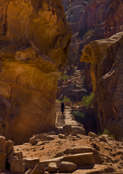 Woman Climbing Ancient Stairs In Petra, Jordan