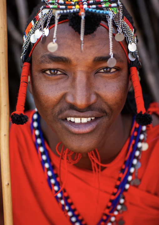 Portrait of a Maasai tribe man with a beaded headwear, Rift Valley Province, Maasai Mara, Kenya