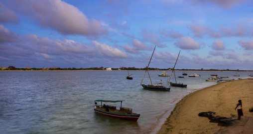 Houses, Hotels and boats on the waterfront at twilight, Lamu county, Shela, Kenya