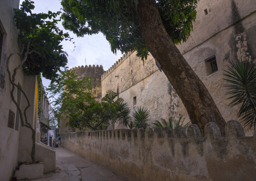 A view of lamu fort from shadowed street, Lamu county, Lamu, Kenya