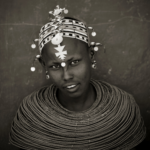 Portrait of a Samburu tribe woman with beaded necklaces, Samburu County, Maralal, Kenya